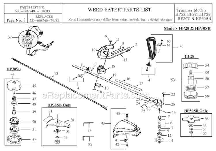 Page B Diagram and Parts List for HP22T  Weed Eater Trimmer